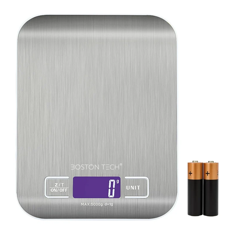 Boston Tech Báscula de Cocina Digital - Acero Inoxidable, Alta Precisión, Impermeable, Capacidad 5kg, Pantalla LCD, Función Tara, Recetario Incluido (HK105)