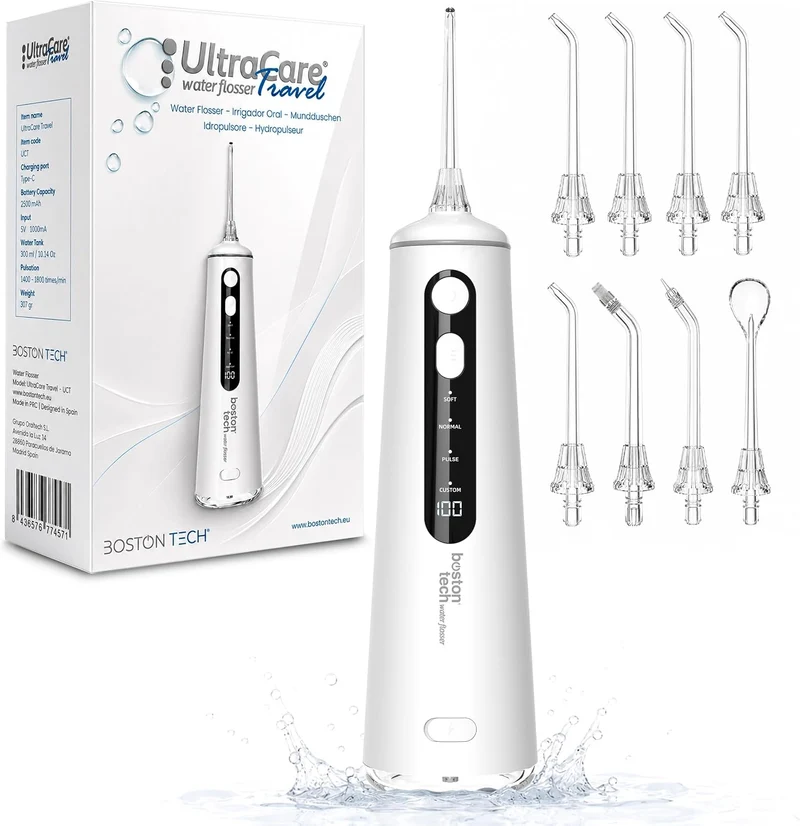Aquapik Ultracare Travel Irrigador Bucal Portatil, Irrigador Dental Inalámbrico Profesional 8 Boquillas 4 Modos, IPX8 Impermeable 300ML USB-C Recargable Para Limpieza Dientes