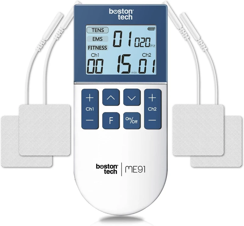 Electroestimulador Muscular TENS/EMS/FITNESS 3 en 1 | Boston Tech® ME91 | 50 Programas, 16 Intensidades, 2 Canales | Alivio del Dolor, Rehabilitación y Magnetoterapia + 4 Electrodos Reutilizables