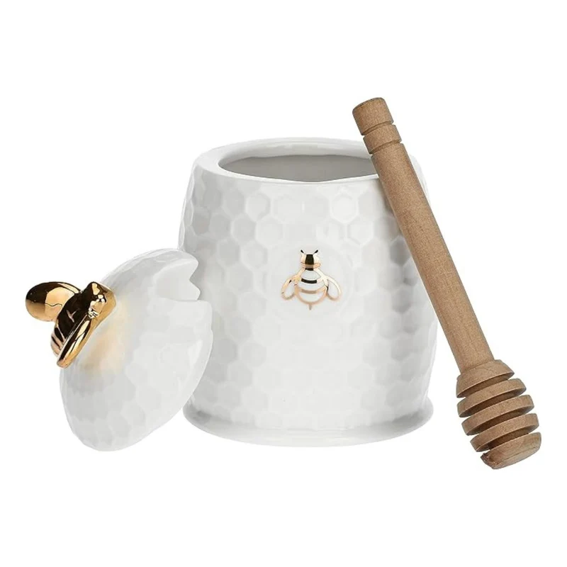 Tarro de porcelana para la miel con cuchara de madera Aperegina Oro La Porcellana Bianca