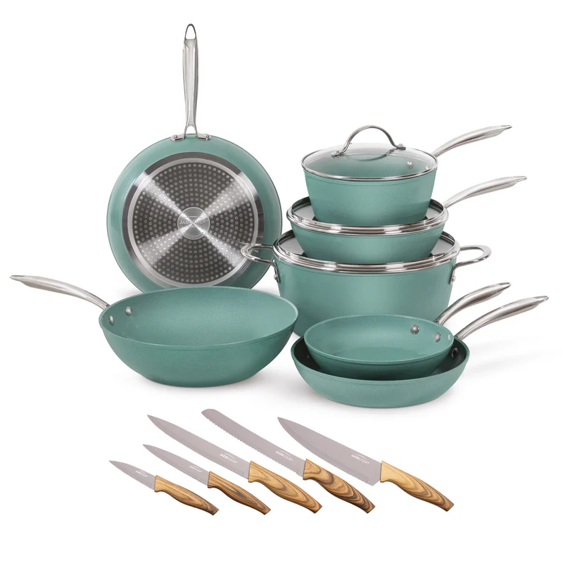 Batería de Cocina Jade Chef 10 Piezas + Set de 5 Cuchillos Tipo Madera