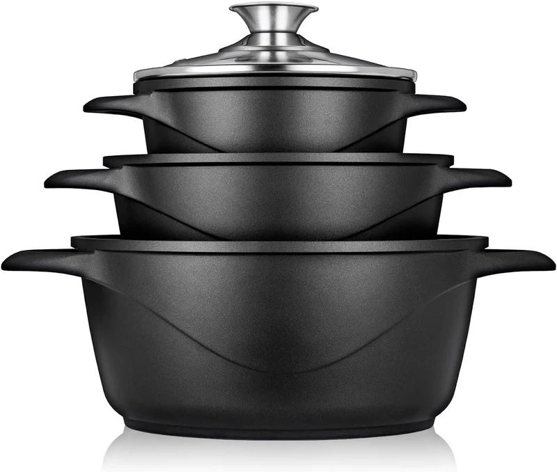 Briebe Batería De Cocina Inducción 6 Piezas Aluminio Fundido 3 Ollas Con Tapa De Cristal Antiadherente, Mgk-18, Negro