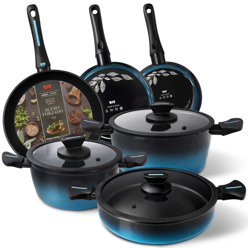 Briebe Batería Cocina Inducción Acero Forjado 9 Piezas Antiadherente Sin Pfoa, Fabricada En España, Mare, Azul