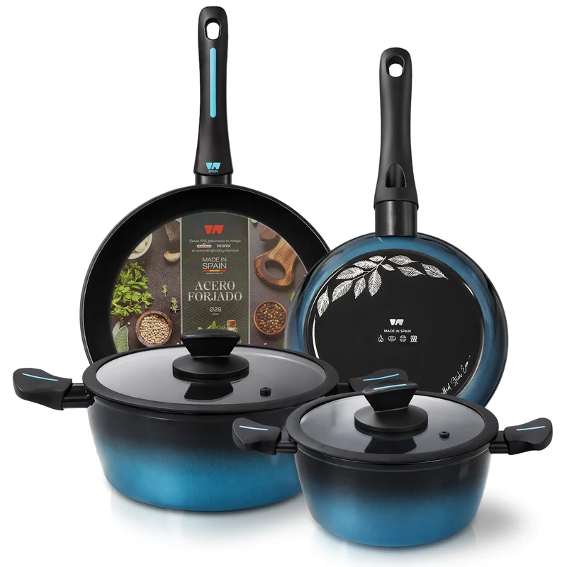 Briebe Batería Cocina Inducción Acero Forjado 6 Piezas Antiadherente Sin Pfoa, Fabricada En España, Mare, Azul