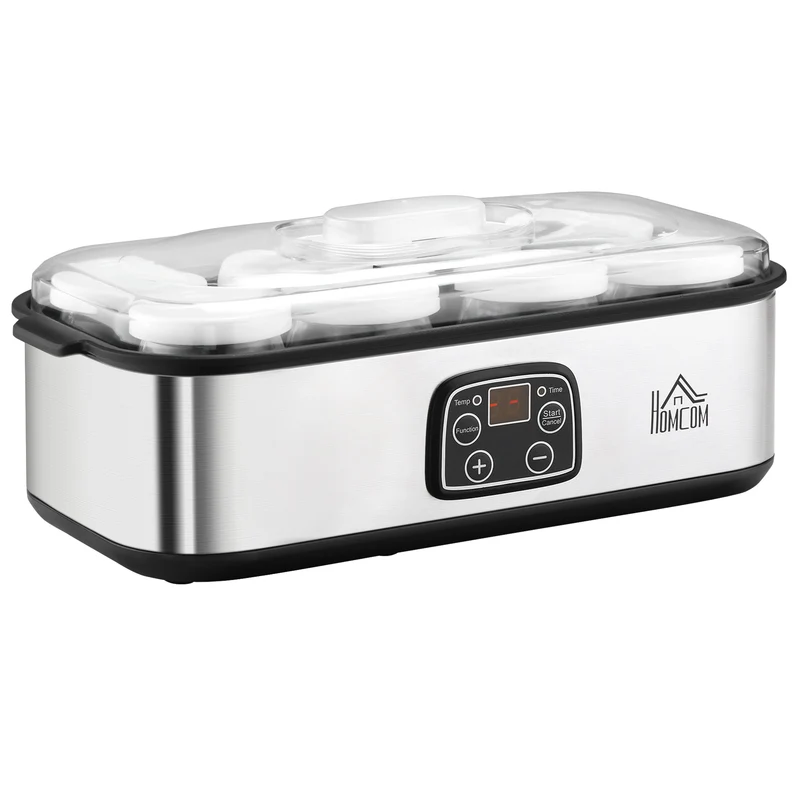 Homcom Yogurtera Capacidad 1,44l Con 8 Tarros 180ml Temporizador Y Termostato