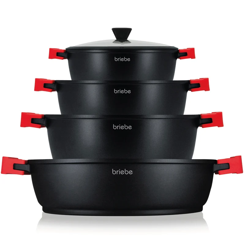 Briebe Batería Cocina Inducción Antiadherente Titanio, 8 Piezas Aluminio Fundido 4 Ollas Sin Pfoa Tapa, Blackt4b, Negro