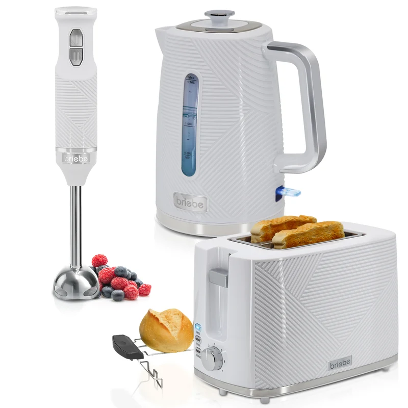 Briebe Elegance Set Tostadora Pan 2 Rebanadas + Hervidor Agua Eléctrico Inalámbrico + Batidora De Mano