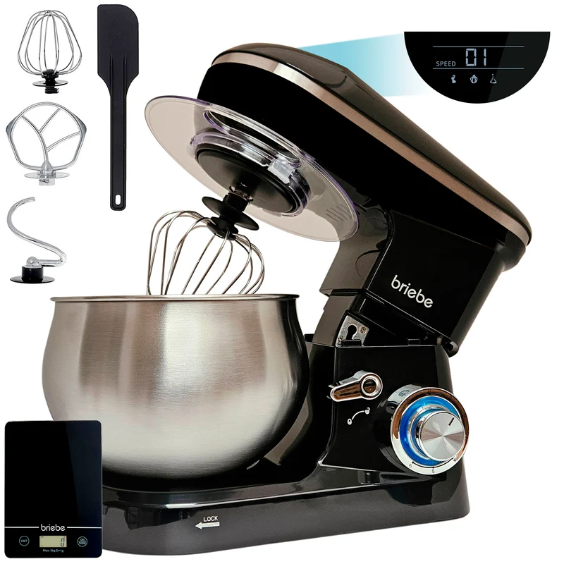 Briebe Batidora Amasadora Repostería Profesional 5l+ Báscula Cocina 6 Velocidades + Pulso Pantalla Led, Km1164b, Negro
