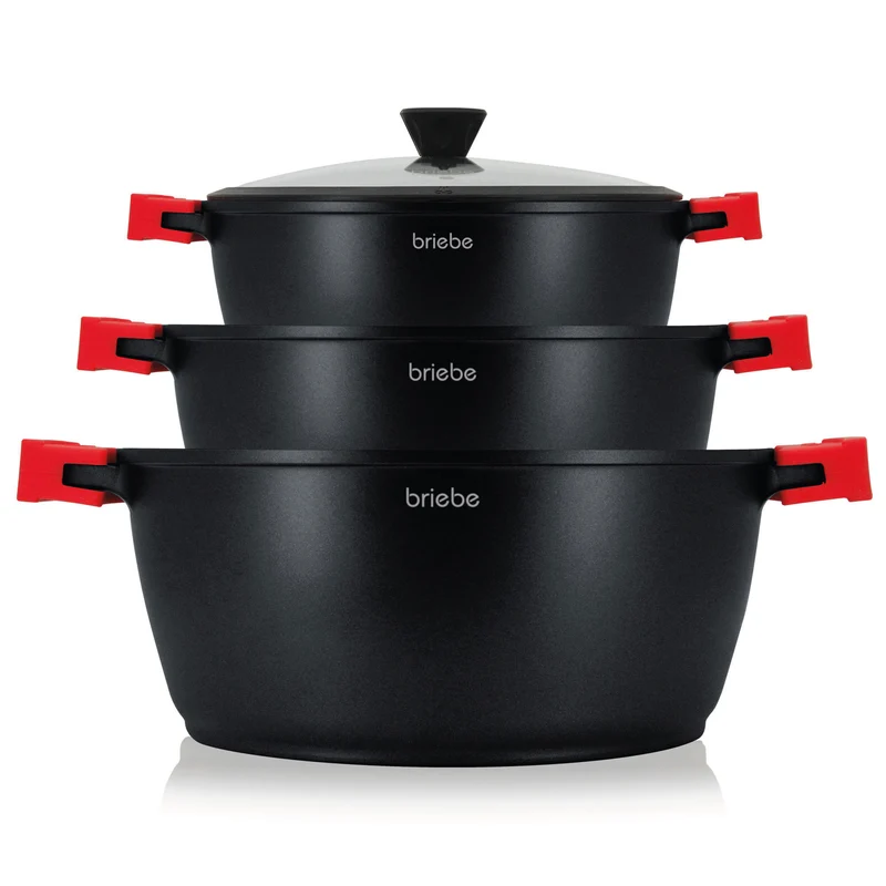 Briebe Batería Cocina Inducción Antiadherente Titanio, 6 Piezas Aluminio Fundido 3 Ollas Sin Pfoa Tapa, Blackt3, Negro