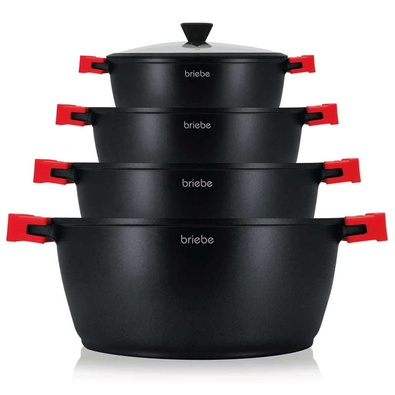Briebe Batería Cocina Inducción Antiadherente Titanio, 8 Piezas Aluminio Fundido 4 Ollas Sin Pfoa Tapa, Blackt4, Negro