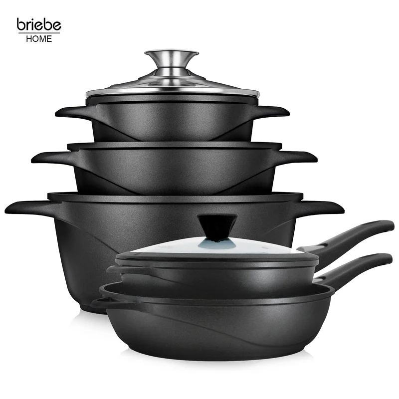Briebe Batería De Cocina Inducción 10 Piezas Aluminio Fundido 3 Ollas 2 Sartenes Antiadherente Tapas, Mgk1819, Negro
