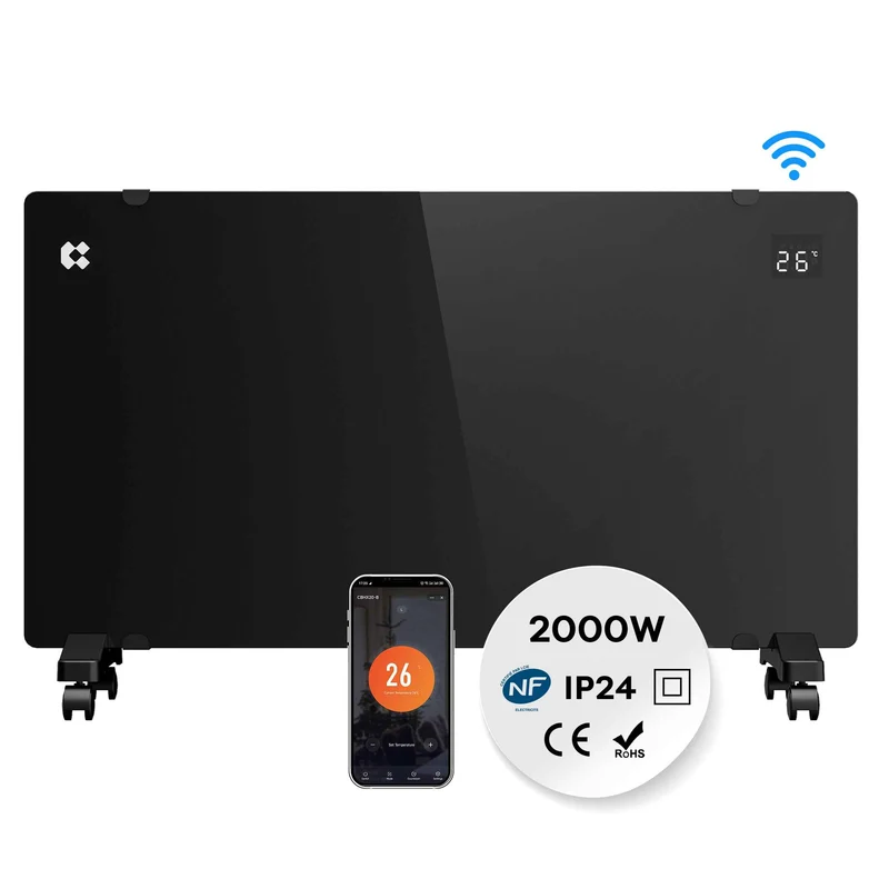 Ciarra Convector Eléctrico WiFi 2000W IP24 Radiador Electrico Negro con Ruedas y Timer CBHX20-B