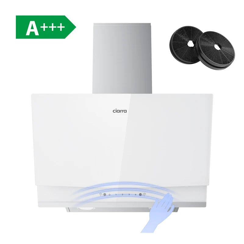 CIARRA CBCW6736A Campana Extractora Inclinada A+++ | 60cm Campana de Recirculación Potente con Cristal Blanco