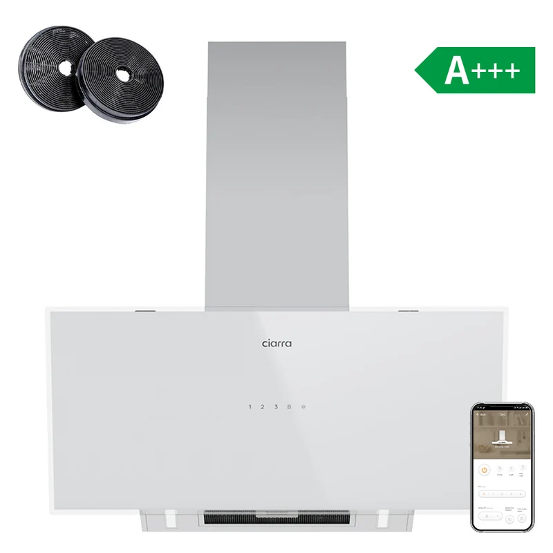 Ciarra Campana Decorativa 90 cm A+++ 635 m³/h con Doble Aspiración Cristal Blanco Inteligente WiFi CBCB9763A-OW