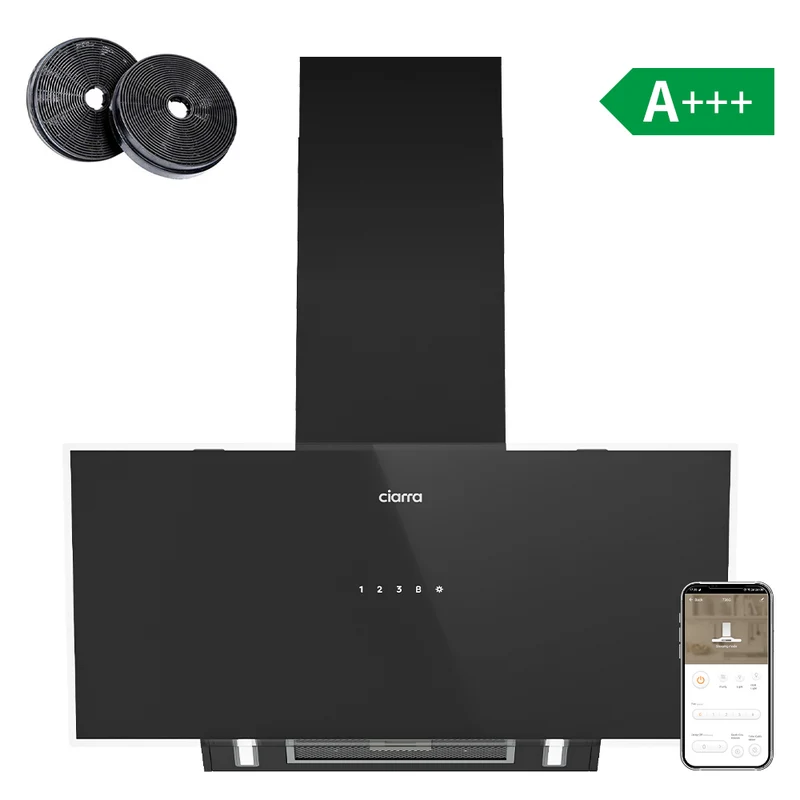 Ciarra Campana Extractora Inclinada 90 cm A+++ Campana de Cocina Cristal Negro Inteligente WiFi CBCB9763A
