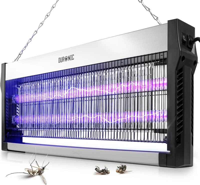 Duronic FK2X10 Lámpara Mata Insectos LED, UV Doble Onda, 16W, Interior, Moscas y Mosquitos, 40 Chips LED UV Dual Wave (365nm + 395nm), Bandeja Extraíble, Cadena para Colgar, Rejilla de Seguridad