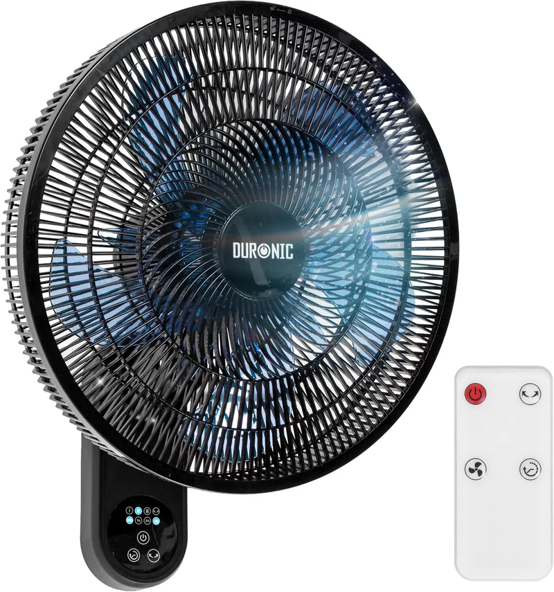 Duronic FN42 BK Ventilador de Pared 16 Pulgadas 50W con Mando, 40 cm diámetro, 3 velocidades, oscilación 60°, temporizador 7,5 h, mando 5 m, 52,8 dB, 10 aspas, montaje mural