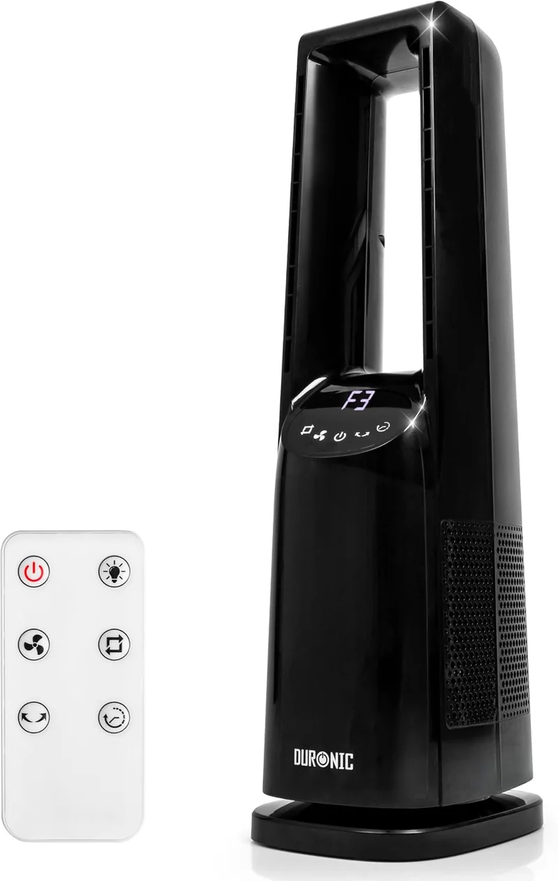 Duronic FN72 BK Ventilador de Torre 60W con Mando y Temporizador, 3 velocidades, oscilación 70°, temporizador 1-12 h, modo noche, mando 5 m, 60W, ventilador sin aspas