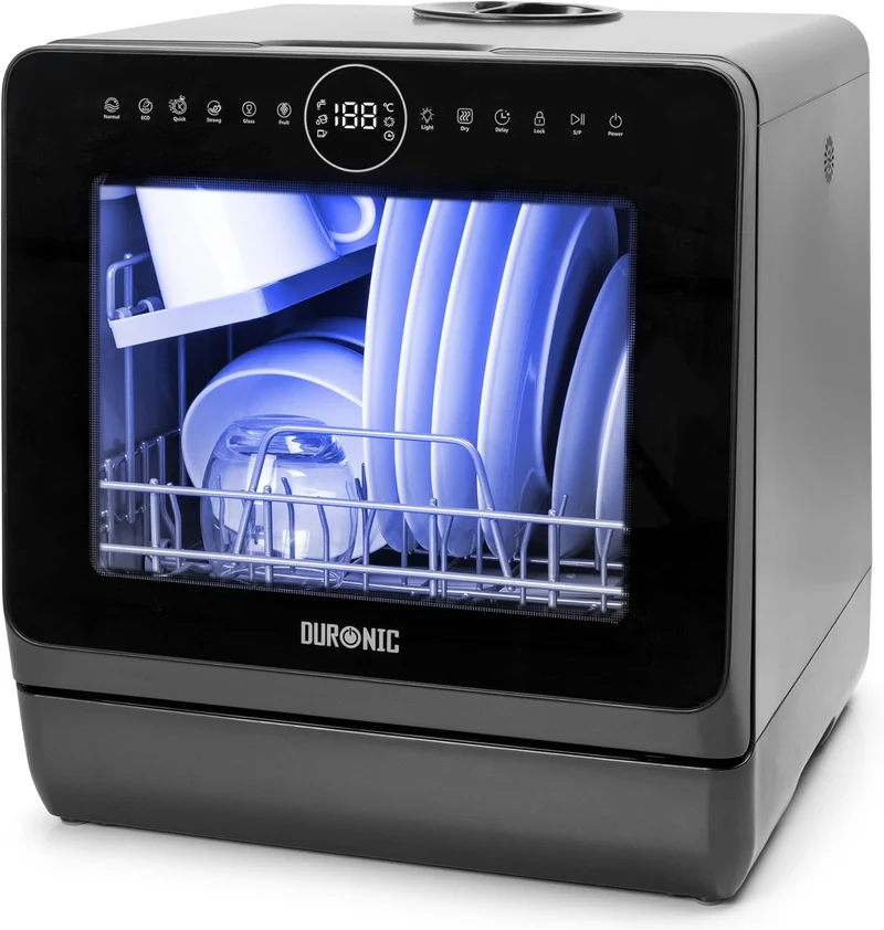 Duronic DW5 BK Lavavajillas de sobremesa 950W Lavavajillas de encimera, Mini Lavavajillas portátil compacto, Ahorrar espacio en cocinas pequeñas, 7 programas de lavado, Secado eficaz práctico