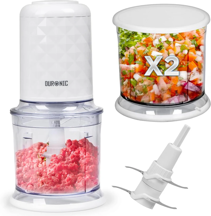Duronic CH57 WE Mini Picadora 500W con 2 Recipientes de 700 ml con Tapa, Robot de Cocina para Verduras, Frutas, Frutos Secos y Especias, Permite Preparar Salsas, Purés y Comida para Bebé