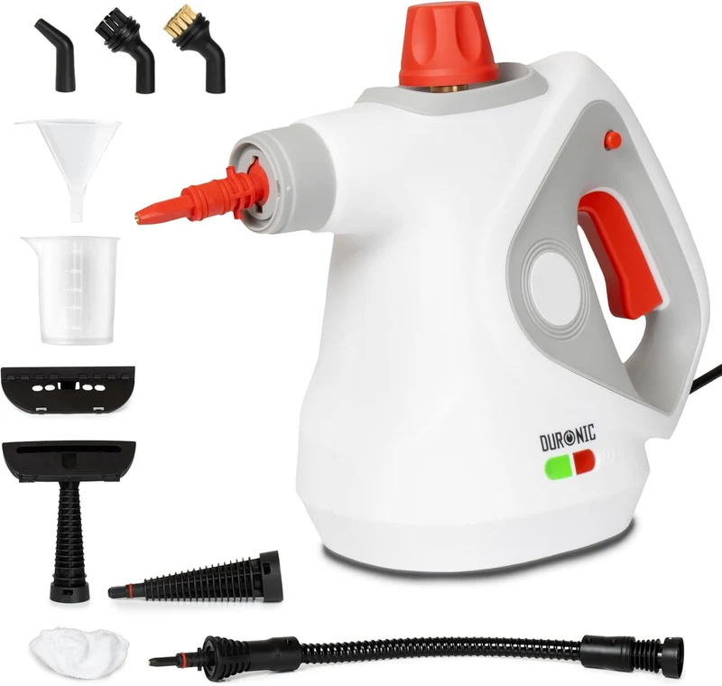 Duronic SC32 WE Limpiador de Vapor de Mano 1050W - Limpiador Vapor Portátil Multifunción Depósito 350 ml para Sofá Tejidos Juntas Ducha Horno Fregadero Ventanas Espejos Limpieza sin Químicos