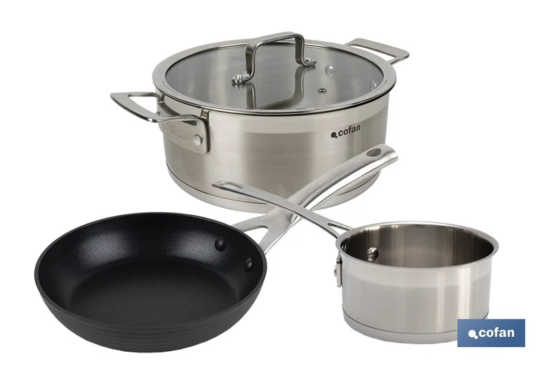 Pack de cacerola (4,3 litros) con tapa y cazo (1 litro) de acero inoxidable, sartén de inducción Ø20 cm
