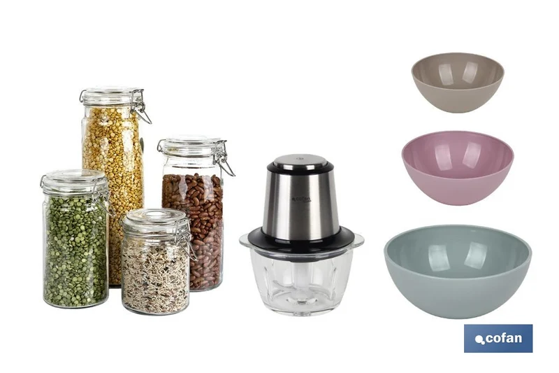 Pack de picadora eléctrica 400 W 1,2 l, 4 tarros herméticos de vidrio, 3 bols de cocina multiusos