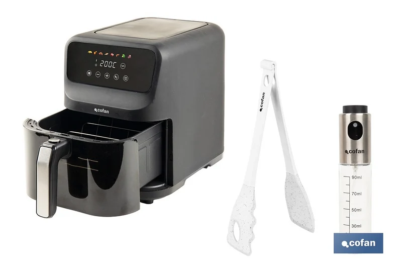 Pack de freidora de aire digital 5 litros 1500 W, pinzas de cocina 28 cm y pulverizador de aceite 90 ml