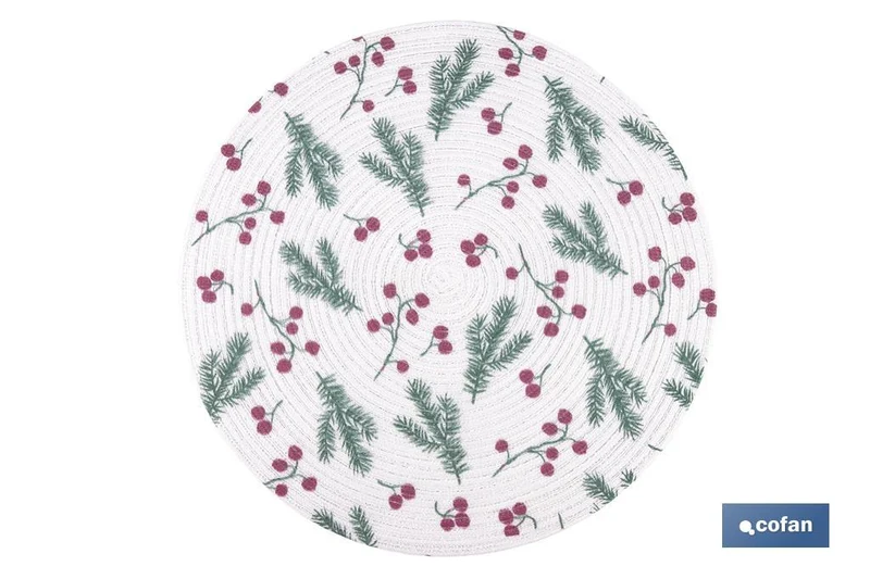 Bajoplatos redondos de Navidad | Diseño con ramas verdes y bayas rojas | Packs de 6 salvamanteles individuales | Diámetro: 38 cm