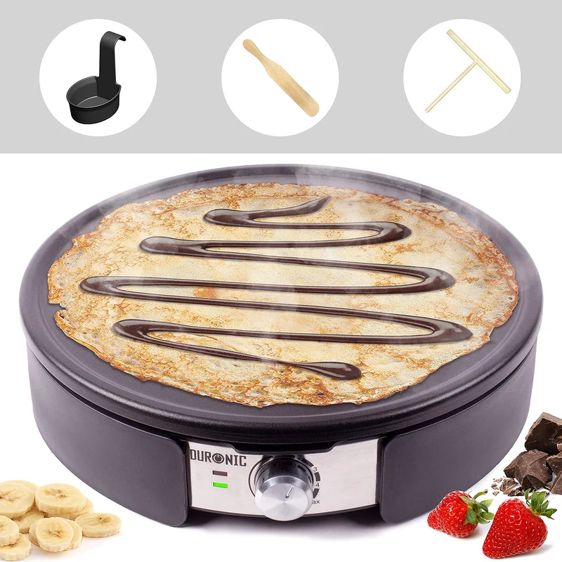 Duronic PM152 Crepera Eléctrica de 1500W 37cm diámetro y Placa Extraíble Recambiable | Temperatura regulable | Esparcidor Cucharón y Espátula 3 Accesorios Incluidos | Crêpes pancakes tortitas desayunos