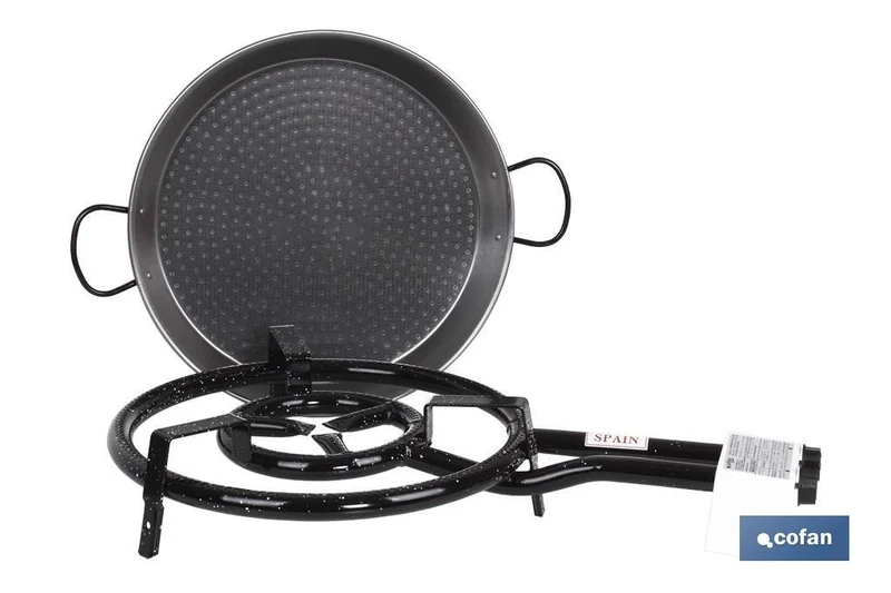 Kit paellera: paellera de acero pulido de 2 asas + quemador de gas con 2 fuegos individuales