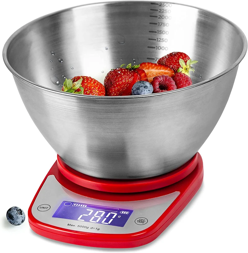 Duronic KS5000 RDSS Báscula de cocina digital de precisión | Bol acero inoxidable desmontable de 2.5L | Pantalla LCD lectura de dígitos fácil | Máx. 5kg | Función tara | Balanza Alimentos Joyas etc