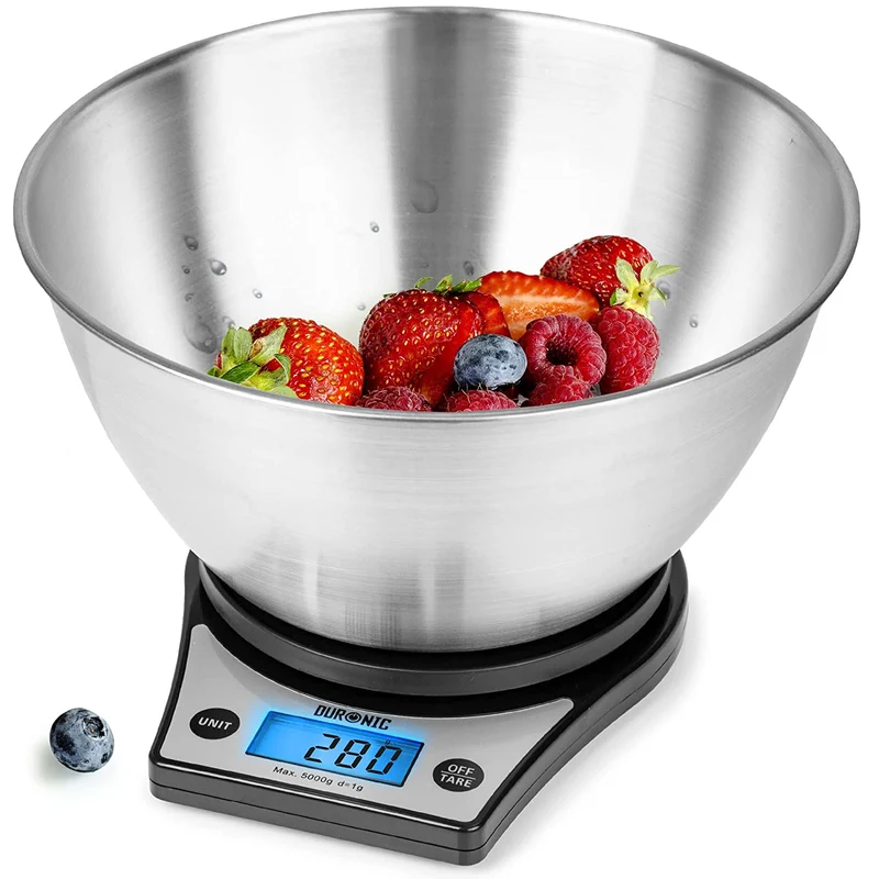 Duronic KS6000 BK SS Báscula de cocina digital de precisión | Pantalla LCD grande 14 cm diametro y Peso máx. 5 kg | Cuenco desmontable de 2L y Función tara | Pilas incluidas | Color negro