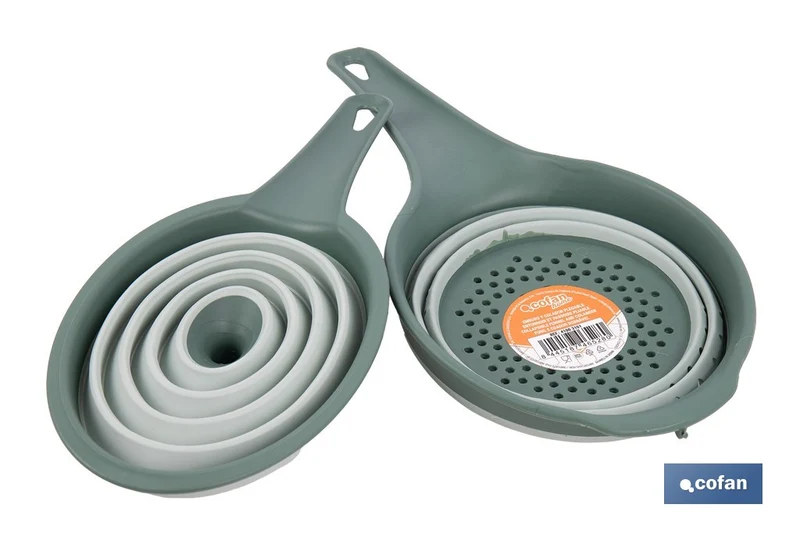 Pack de embudo y colador plegables con mango y capacidad para 0,6 litros | Color: verde | Ahorro de espacio y fácil almacenamiento