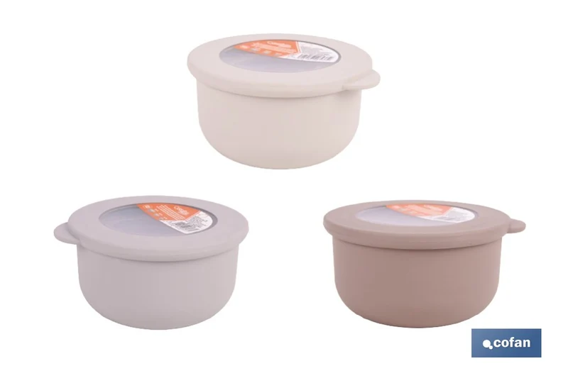 Set de 3 recipientes redondos con tapa | Capacidad: 100 ml, 250 ml, 500 ml | Material: PP + TPE | Colores aleatorios gris, marrón o blanco