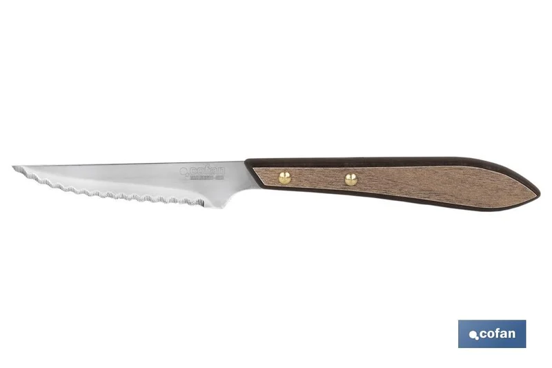 Pack de 3 Cuchillos Chuleteros | Hoja microdentada de 10 cm | Mango con efecto madera de Nogal