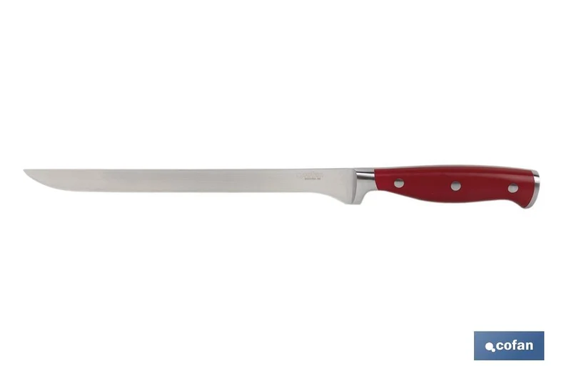 Cuchillo Jamonero y Salmonero con forjado francés | En Color Rojo | Medida de la hoja de 25 cm