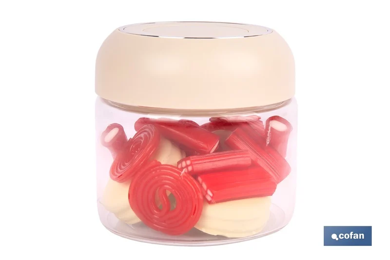 Bote de cocina de vidrio borosilicato | Tapa beige | Cierre a presión | Capacidad: 400 ml | Almacenaje de alimentos | Medidas: Ø10 x 9,6 cm