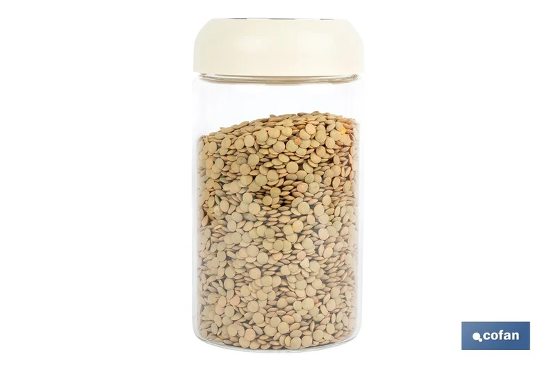 Bote de cocina de vidrio borosilicato | Tapa beige | Cierre a presión | Capacidad: 1 litro | Almacenaje de alimentos | Medidas: Ø10 x 18,6 cm