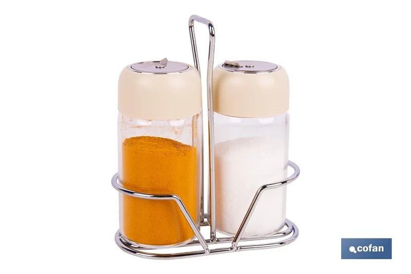 Set de salero y pimentero | Frascos de vidrio borosilicato | Soporte incluido | Tapas de color beige | Juego de 2 piezas | Capacidad: 120 ml