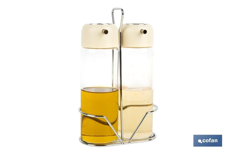 Set de aceitera y vinagrera | Frascos de vidrio borosilicato | Soporte incluido | Tapas de color beige | Juego de 2 piezas | Capacidad: 300 ml