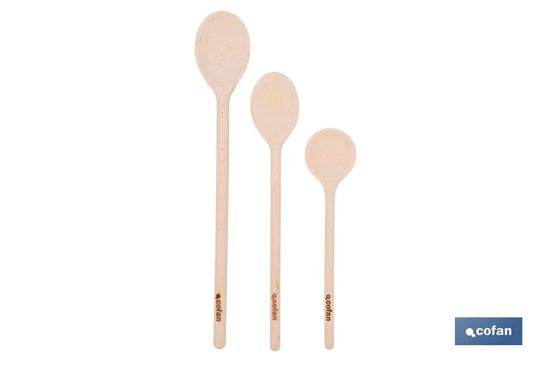 Set de 3 cucharas de madera de álamo | Utensilios de 20 cm, 25 cm y 30 cm | Ideal para remover y mezclar