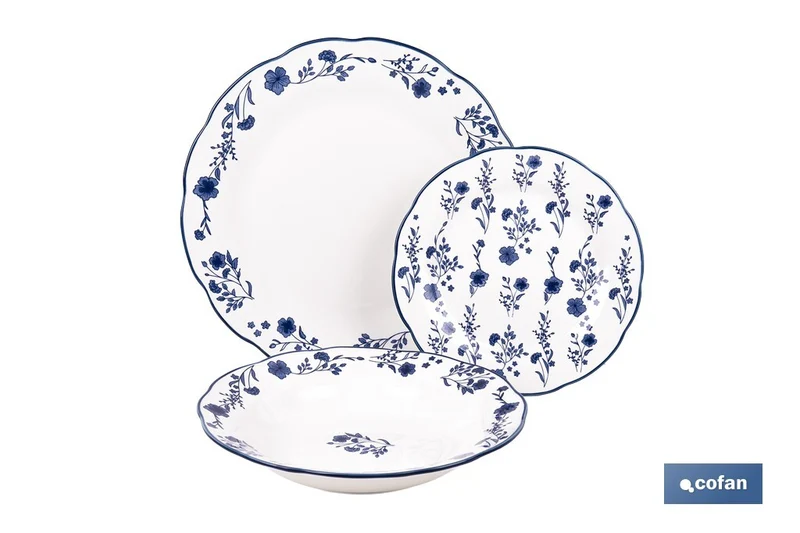 Vajilla de porcelana con flores azules | Set de 18 piezas | Adecuado para 6 personas | Apta para lavavajillas, microondas y horno