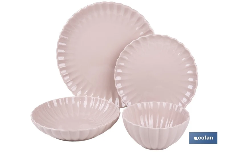 Vajilla de porcelana esmaltada en color rosa nude con diseño en relieve | Set de 16 piezas | Apta para lavavajillas, microondas y horno