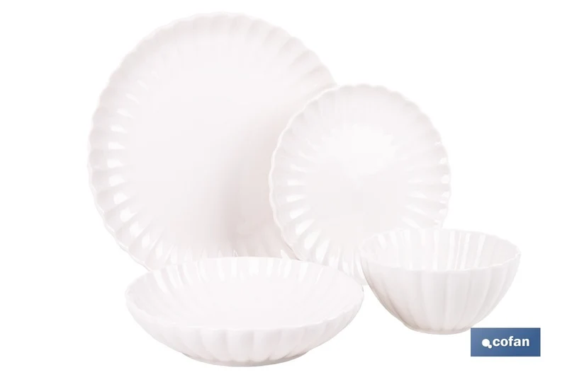 Vajilla de porcelana esmaltada de color blanco con diseño en relieve | Set de 16 piezas | Apta para lavavajillas, microondas y horno