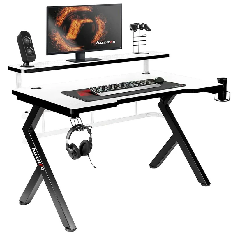 Escritorio Gaming Huzaro HZ-Hero 5.0 Blanco Blanco Negro Fibra de Carbono 120 x 60 cm