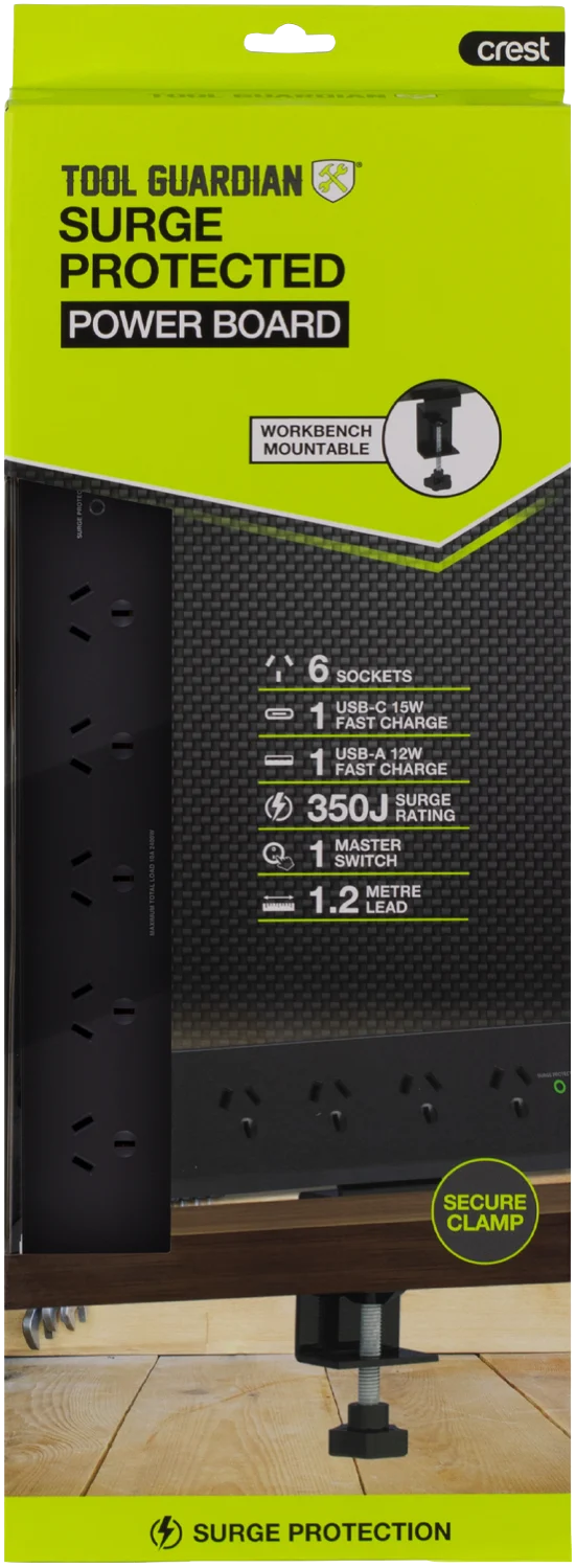 Tool Guardian 6-Way Power Board With Clamp