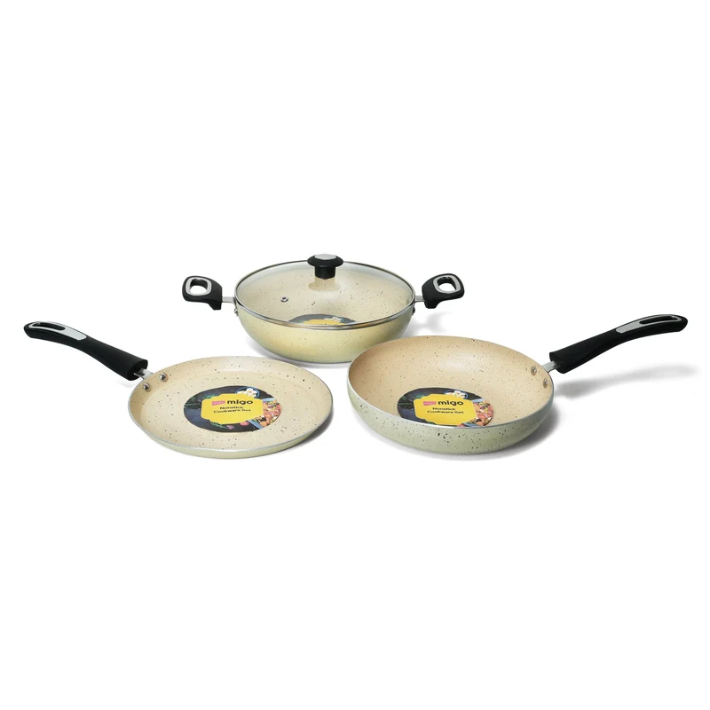 MIGO 4-Piece Granite Cookware Set | 24cm Tawa, Fry Pan & Kadai with Glass Lid | 5-Layer Super Granite Nonstick | Induction Compatible