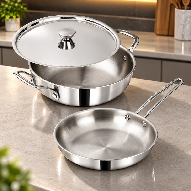 MIGO 3 Piece Stainless Steel Triply Cookware Set TKF 2422 | Kadai, Fry Pan, and Lid