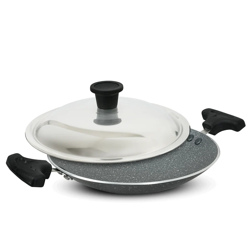 MIGO MAC 2030 Nonstick Granite Appachatty with Stainless Steel Lid | Aluminium Appam Pan | Bakelite Mounted Handle | Detachable Knob | 1 Year Warranty
